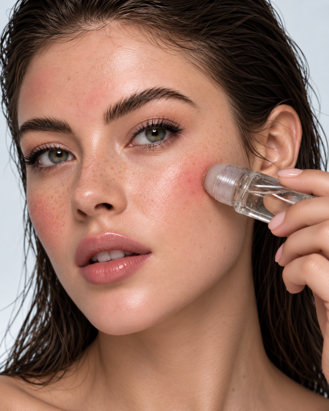 SkinDosed applicator moving across the opposite cheek